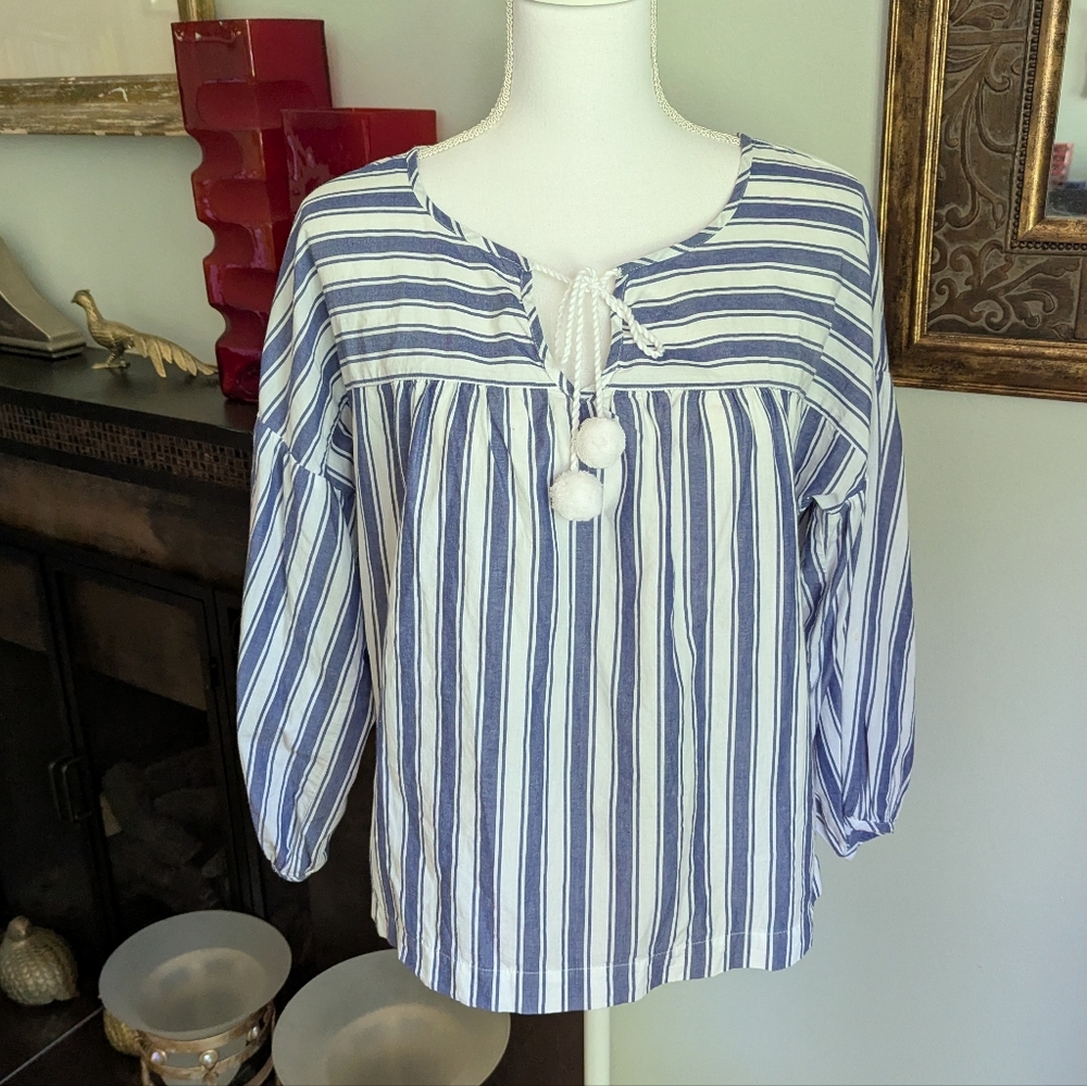 Madewell Peasant Top Wmns Small Blue White Stripe Pom Pom Tassel Boho Cotton 124
